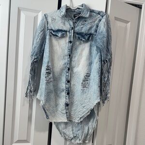 Distressed Denim Long Sleeve Top